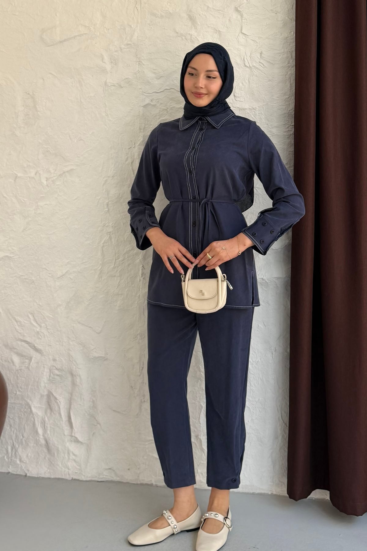 Dikiş Detaylı Gömlek Pantolon Tesettür Takım-LACİVERT
