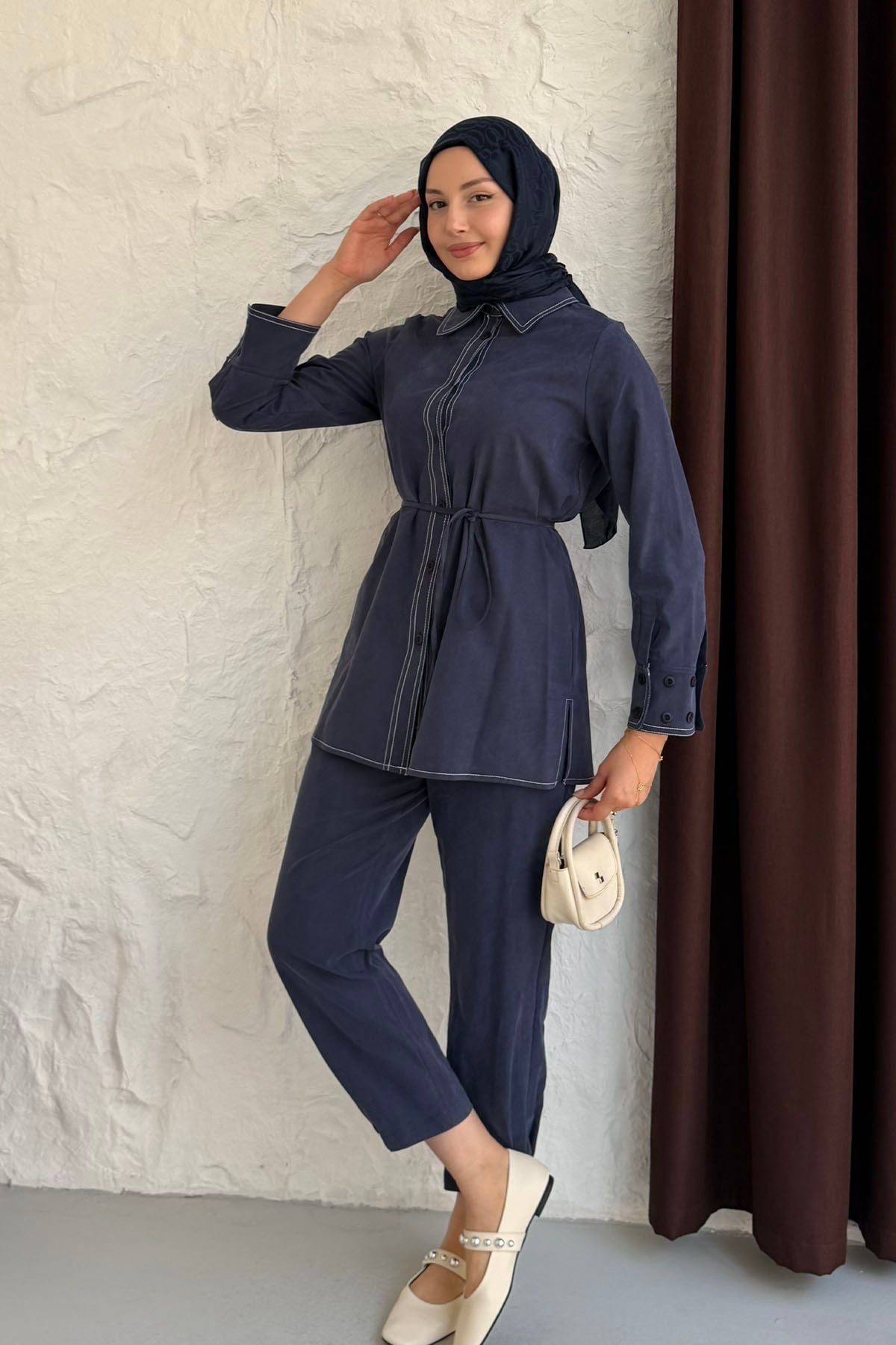Dikiş Detaylı Gömlek Pantolon Tesettür Takım-LACİVERT