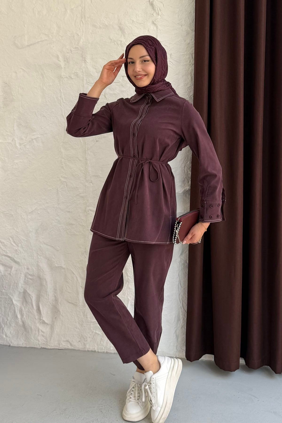 Dikiş Detaylı Gömlek Pantolon Tesettür Takım-BORDO
