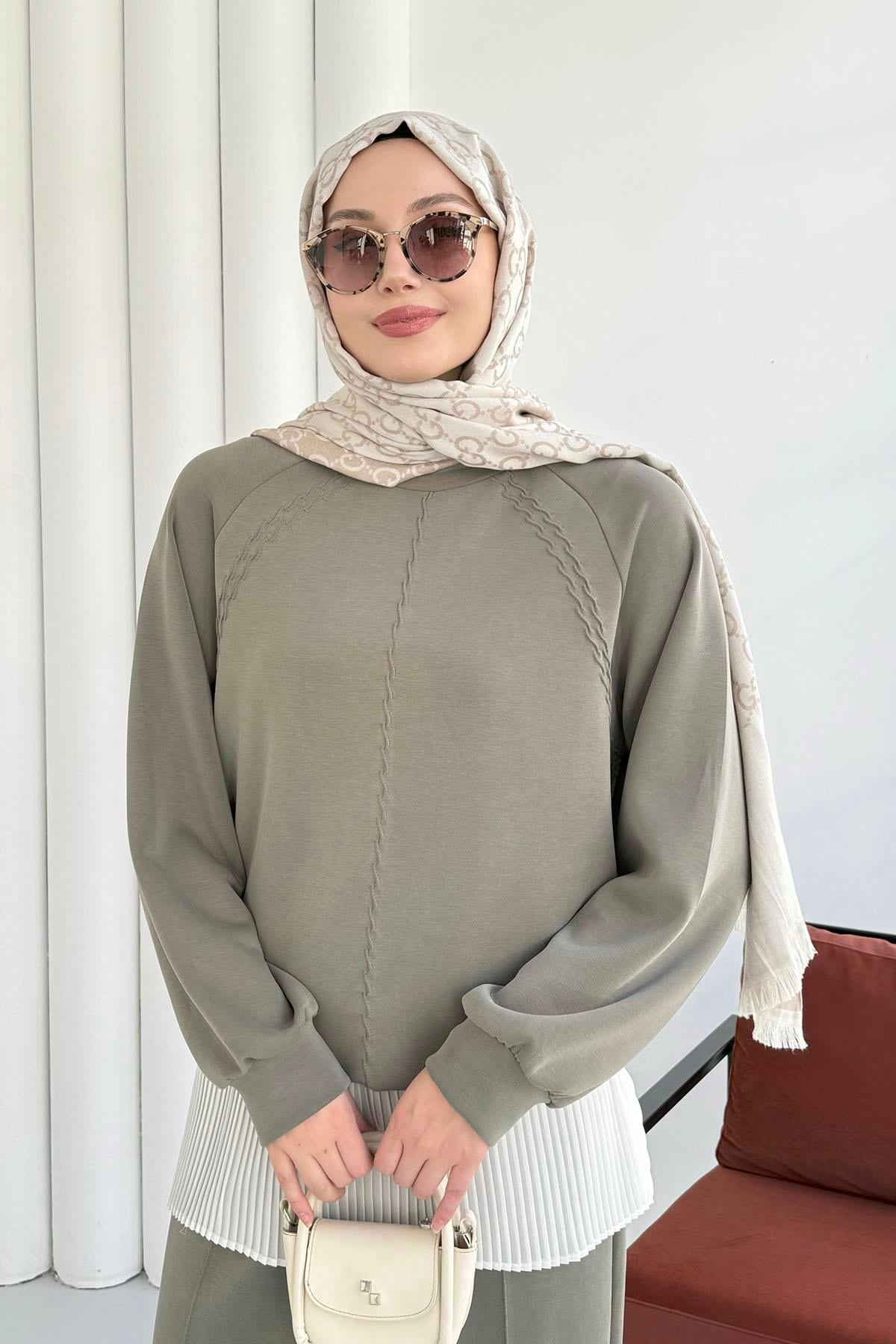 Dikiş Detaylı Oysho Kumaş Pantolonlu Tesettür Takım-HAKİ YEŞİL