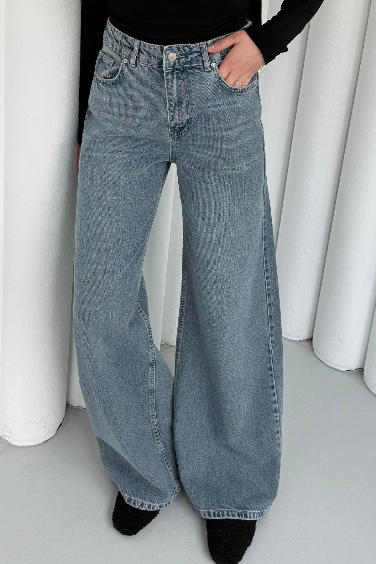 Dökümlü Geniş Denim Pantolon-MAVİ