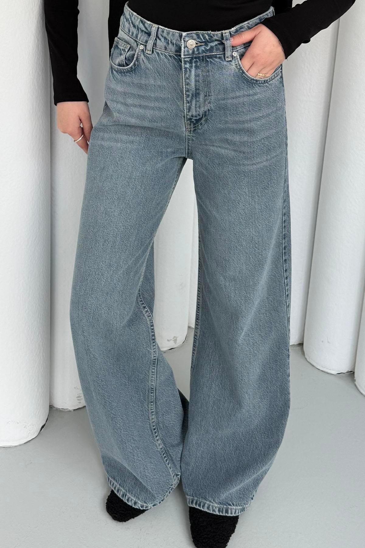 Dökümlü Geniş Denim Pantolon-MAVİ