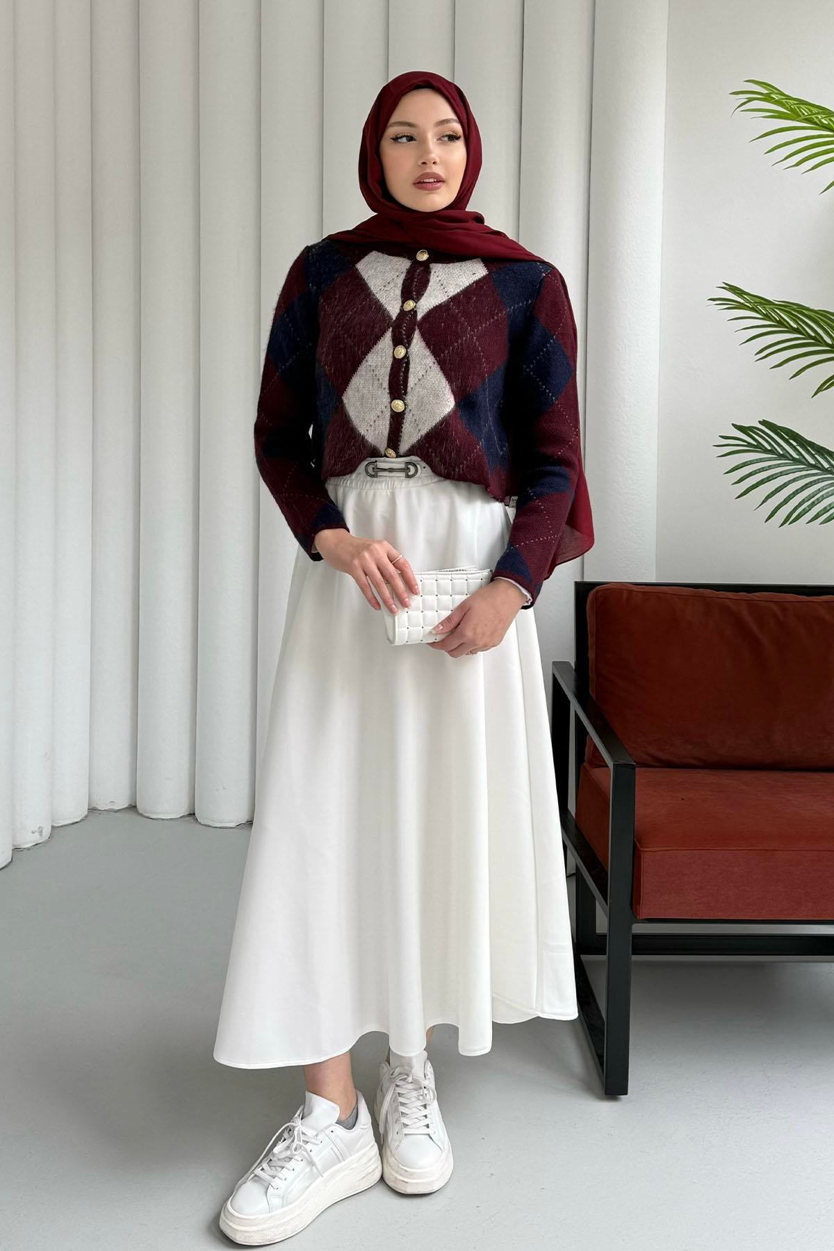 Ekose Desenli Crop Hırka-BORDO