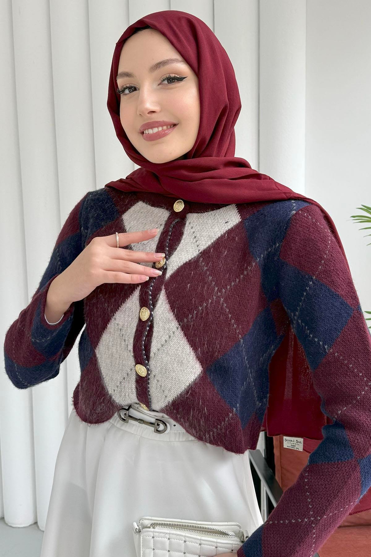 Ekose Desenli Crop Hırka-BORDO