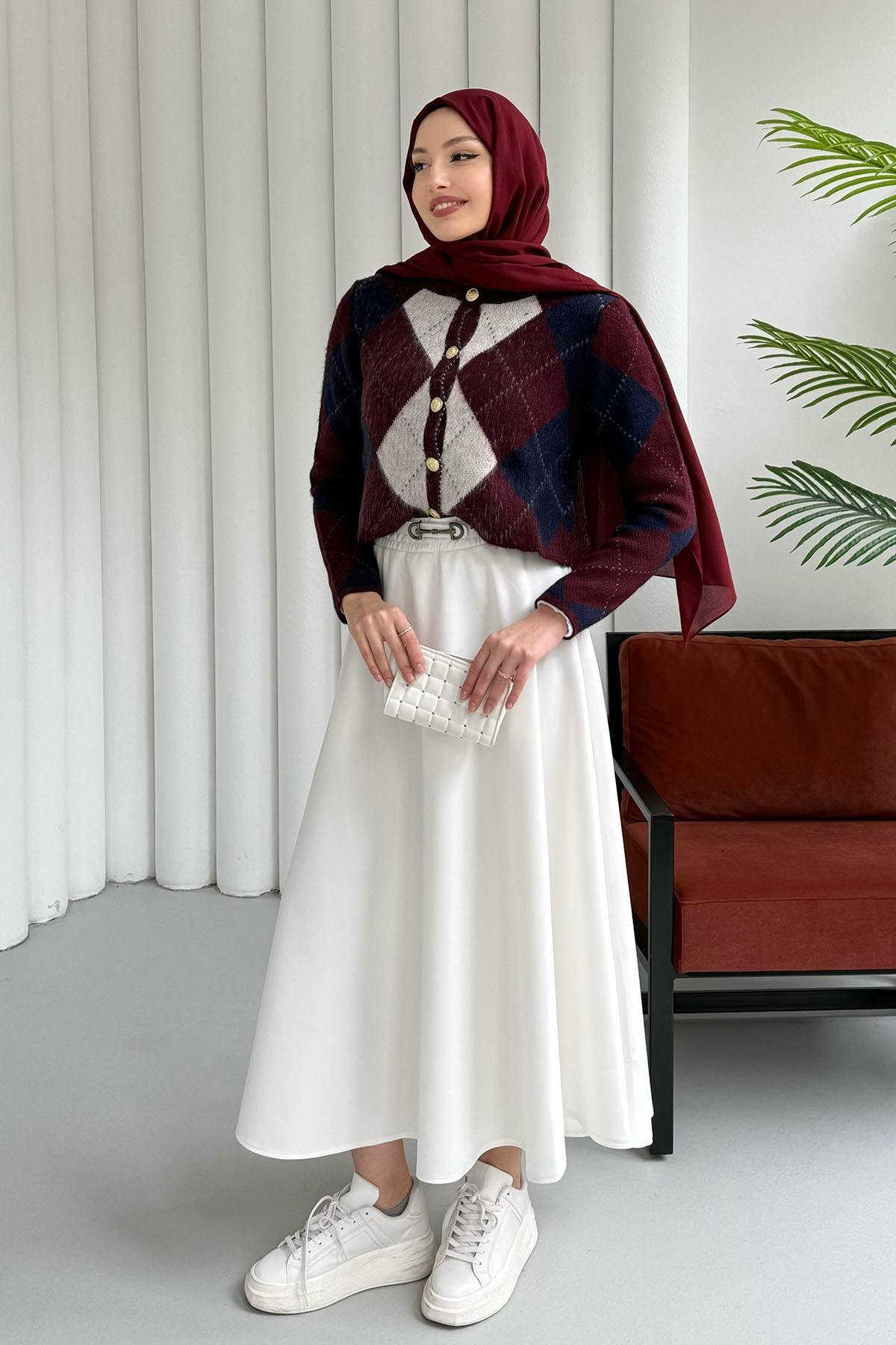 Ekose Desenli Crop Hırka-BORDO