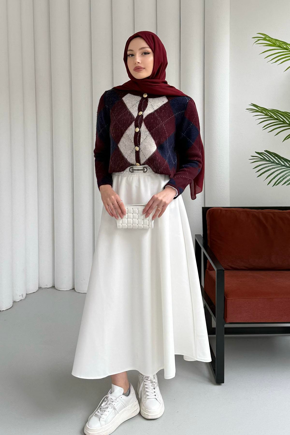 Ekose Desenli Crop Hırka-BORDO