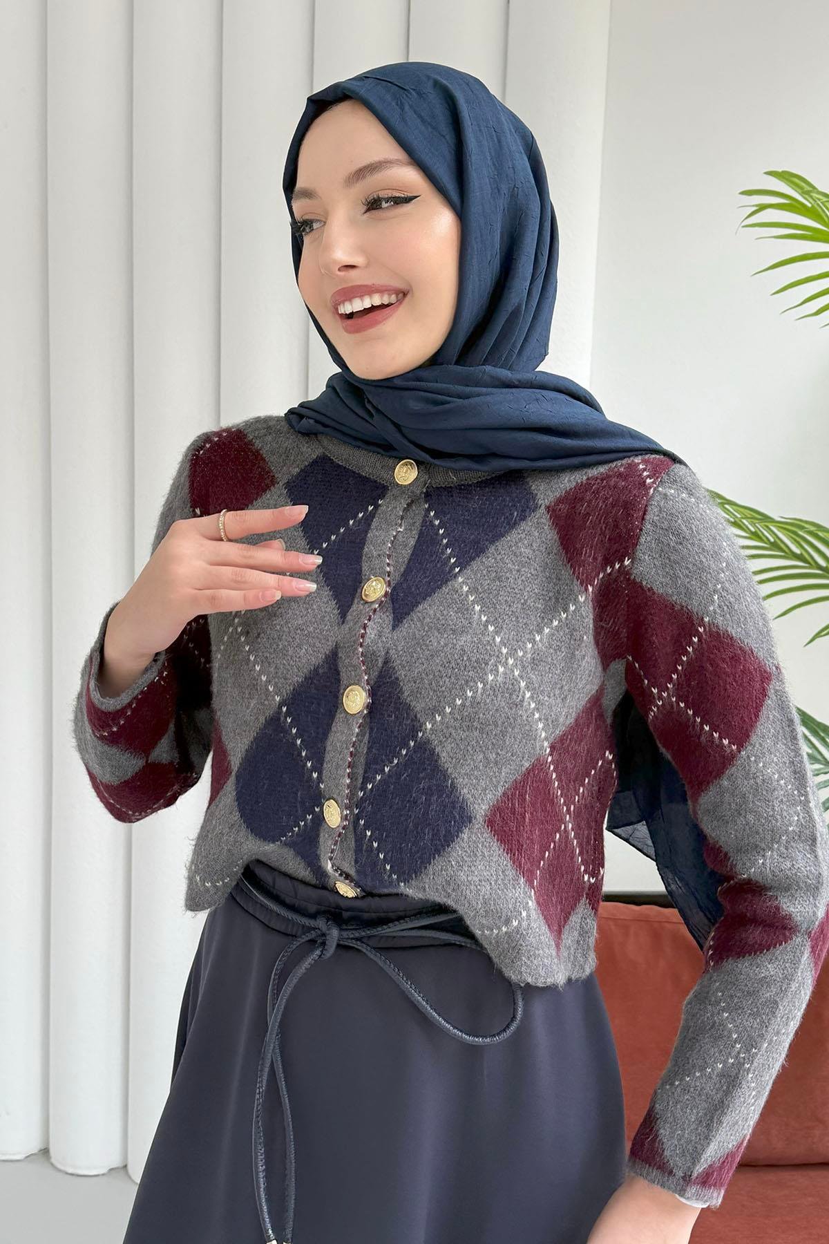 Ekose Desenli Crop Hırka-GRİ