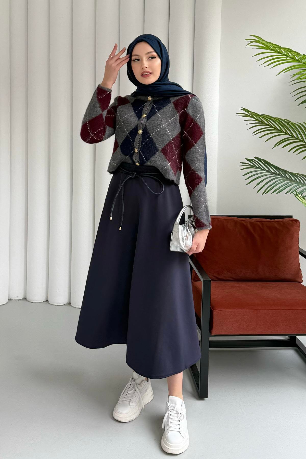 Ekose Desenli Crop Hırka-GRİ