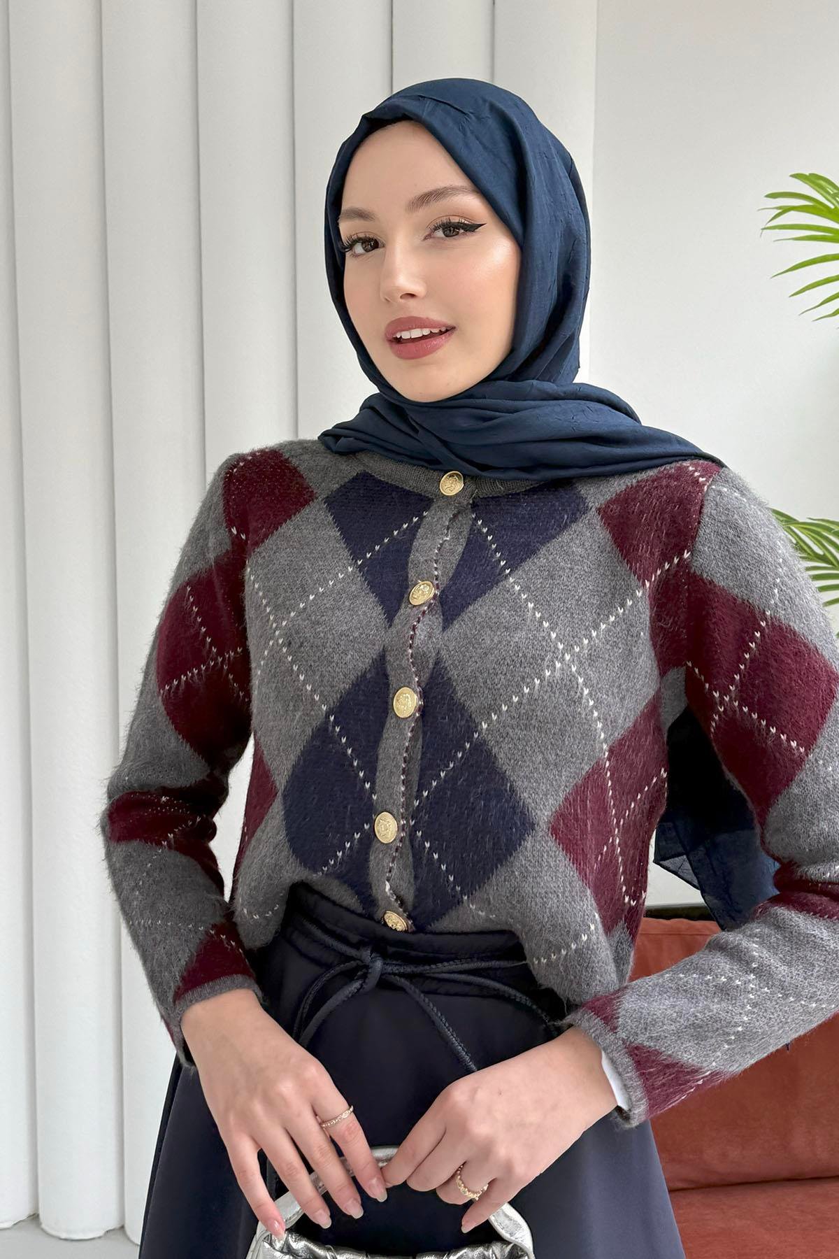 Ekose Desenli Crop Hırka-GRİ