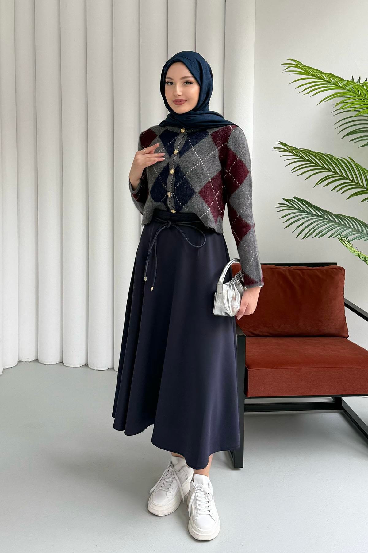 Ekose Desenli Crop Hırka-GRİ