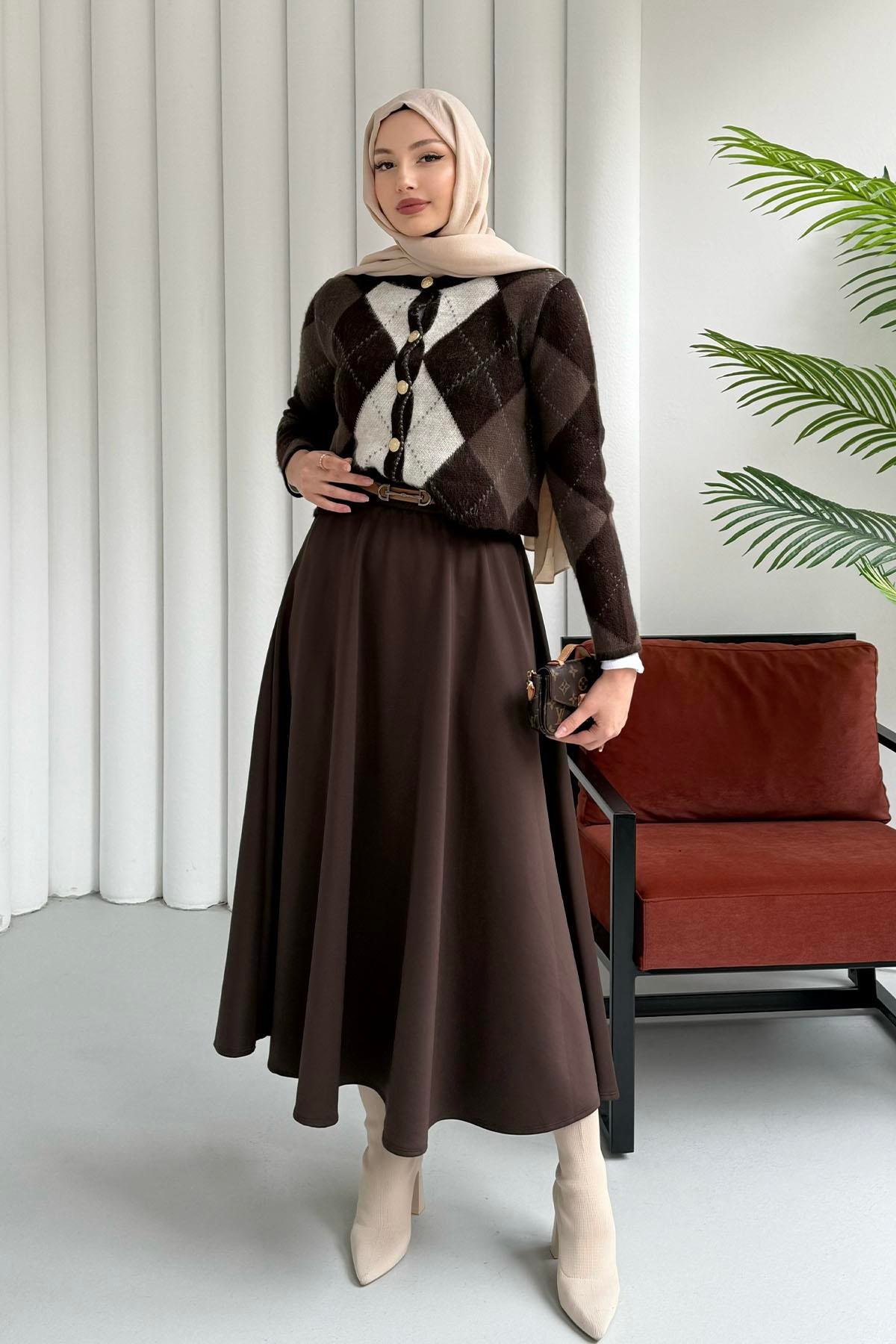 Ekose Desenli Crop Hırka-KAHVERENGİ