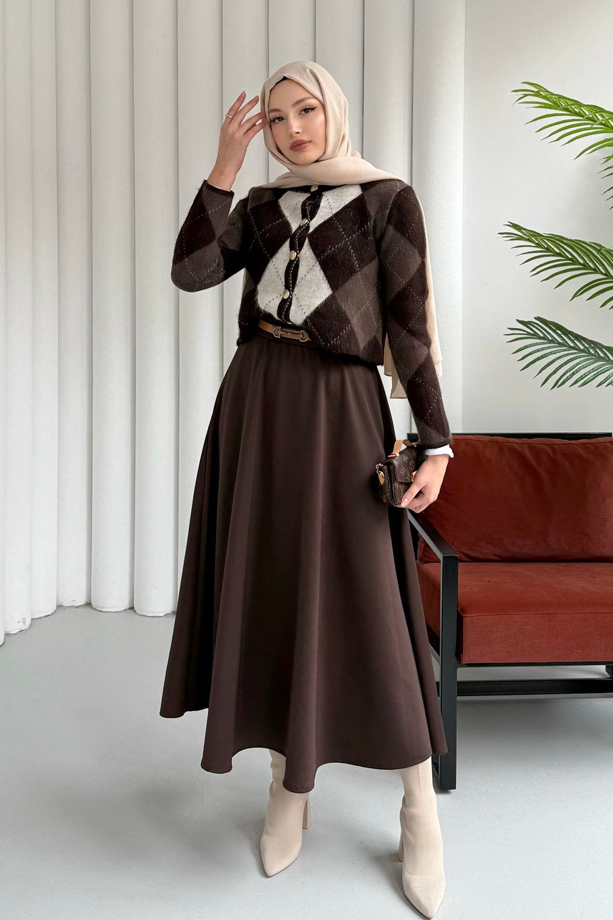 Ekose Desenli Crop Hırka-KAHVERENGİ