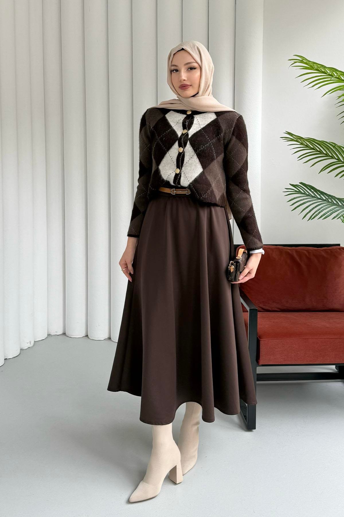 Ekose Desenli Crop Hırka-KAHVERENGİ