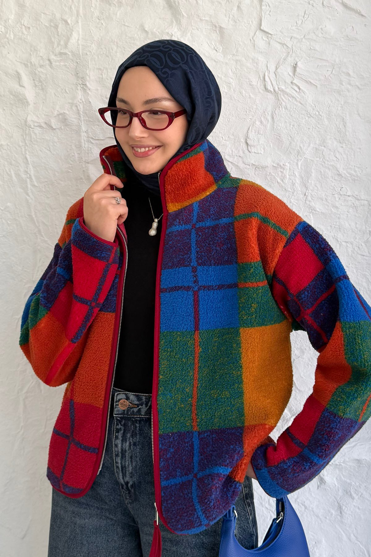 Ekose Desenli Dik Yaka Teddy Polar Sweat Ceket-ÇOK RENKLİ
