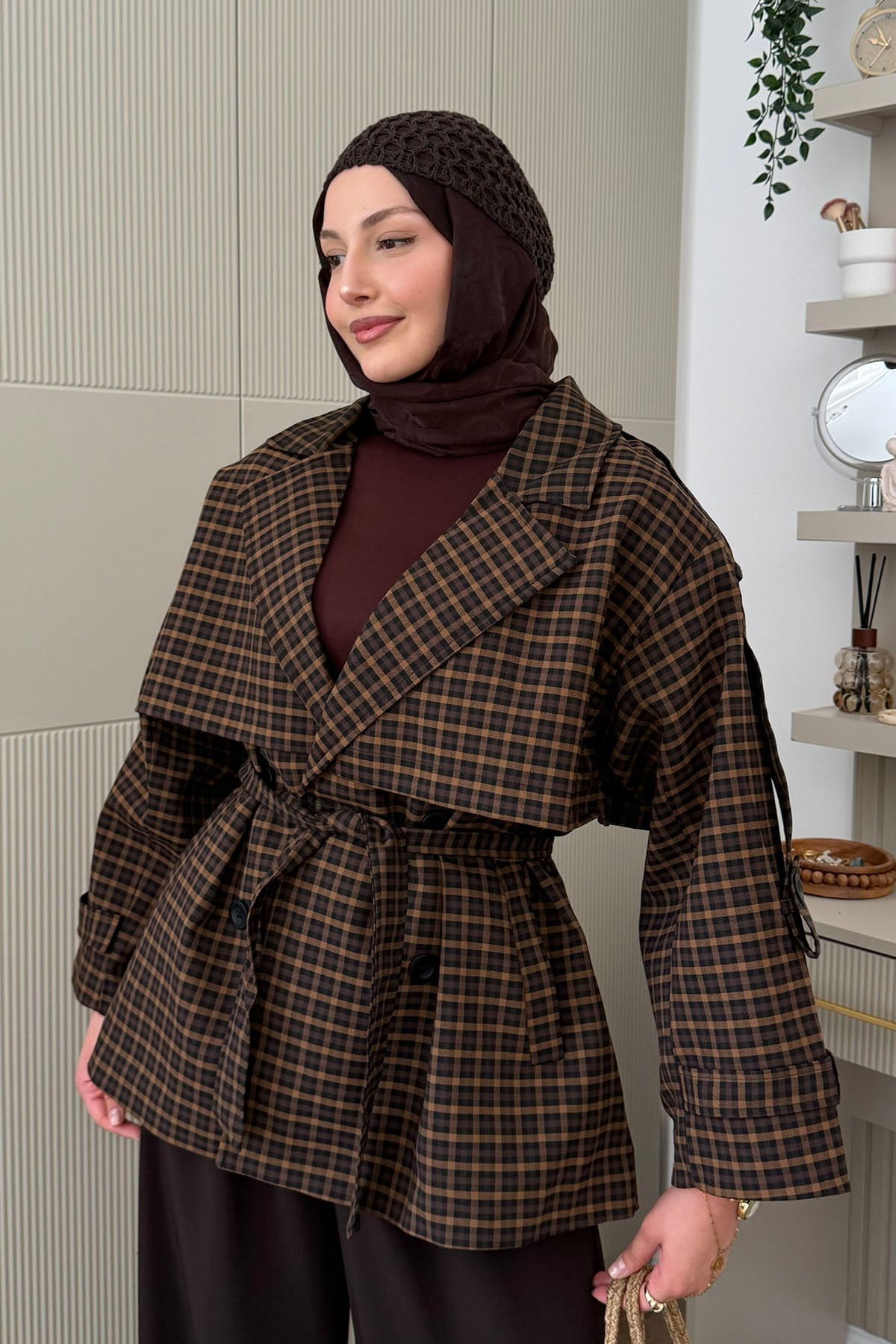 Ekose Desenli Kuşak Detaylı Premium Trençkot-KAHVERENGİ