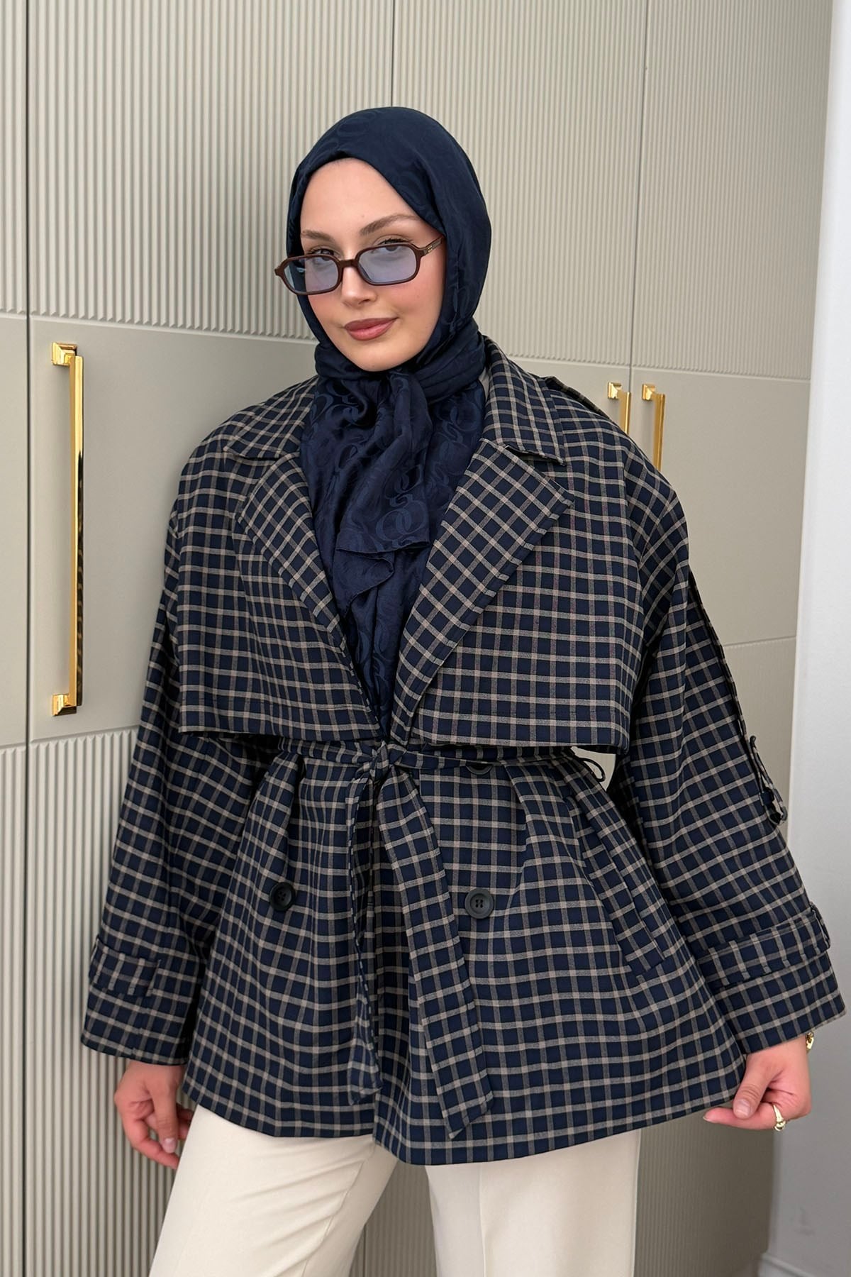 Ekose Desenli Kuşak Detaylı Premium Trençkot-LACİVERT