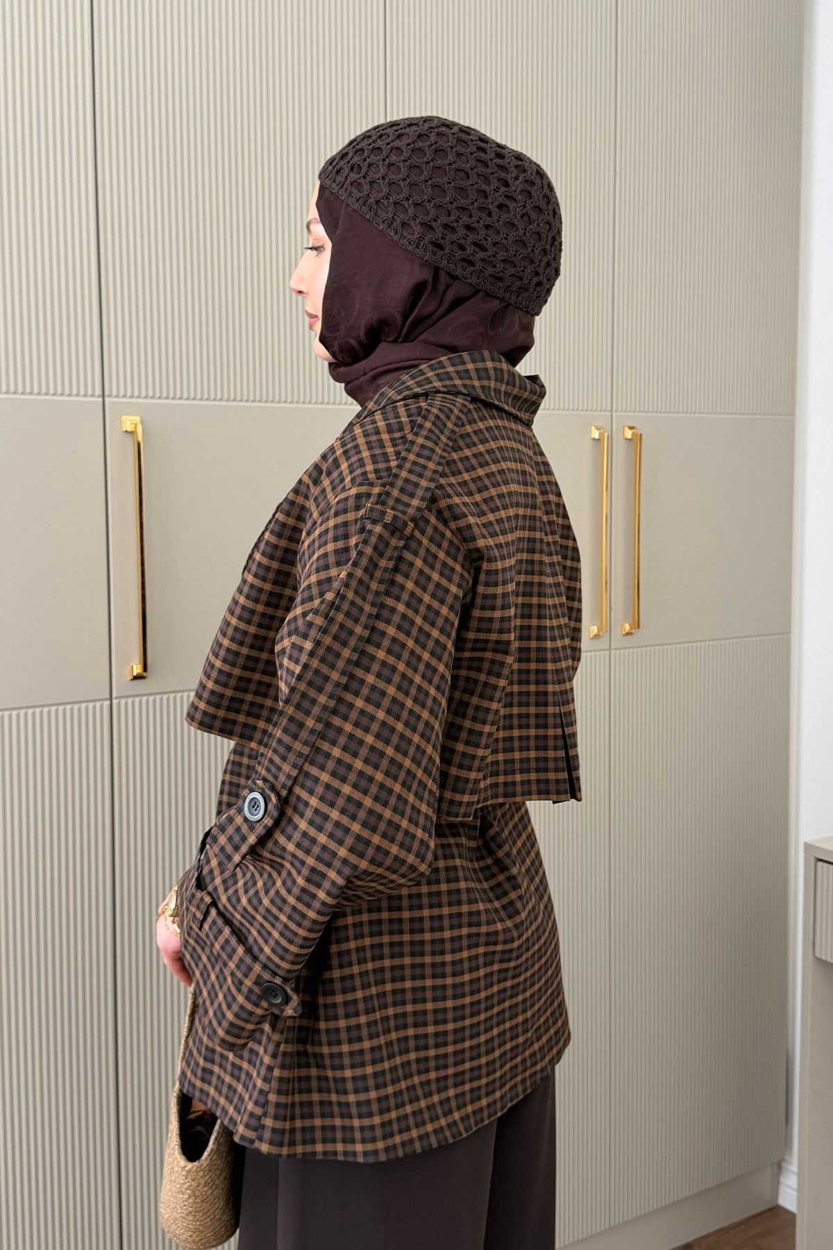 Ekose Desenli Kuşak Detaylı Premium Trençkot-KAHVERENGİ