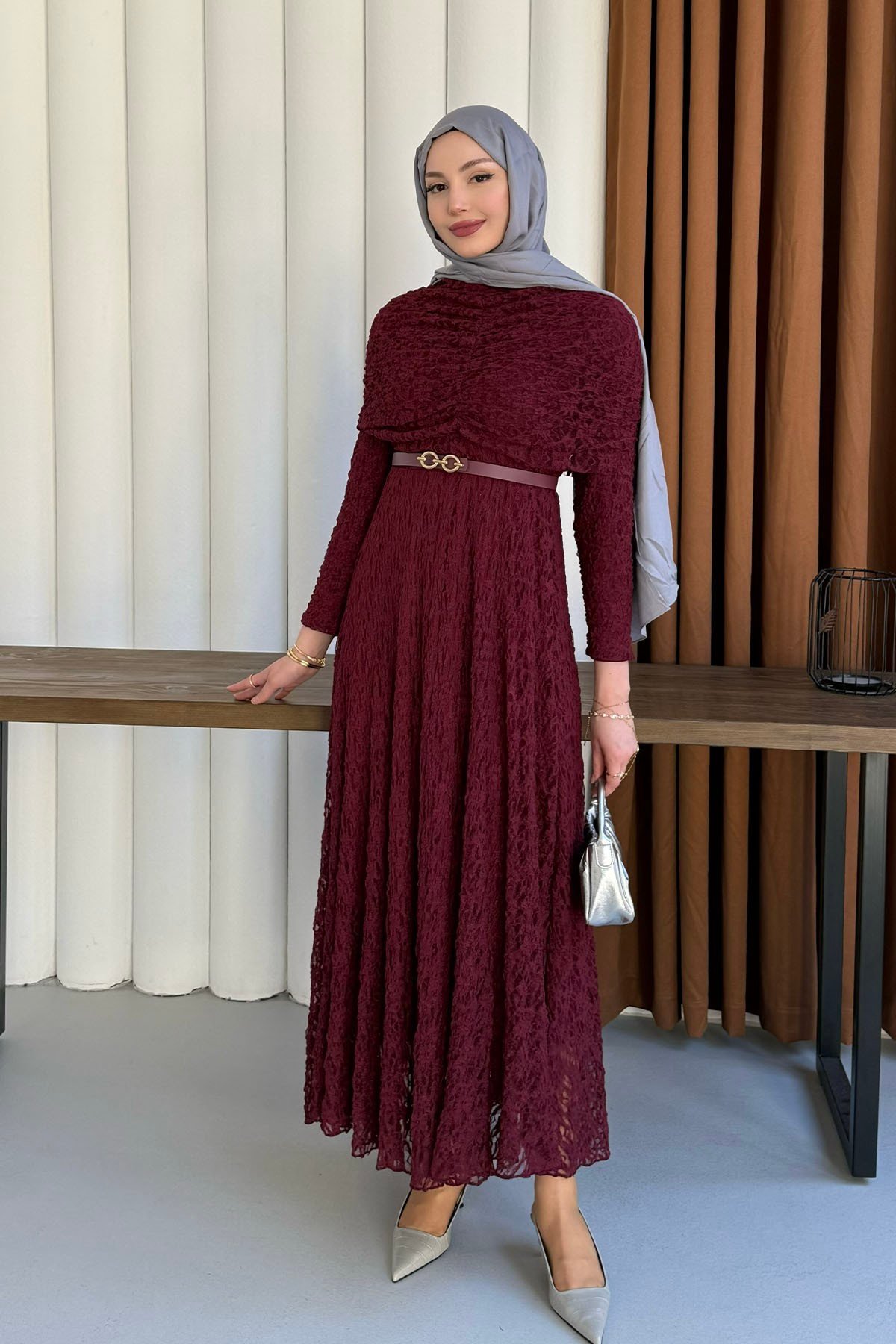 Elisa Dantel Detay Tasarım Tesettür Elbise-BORDO