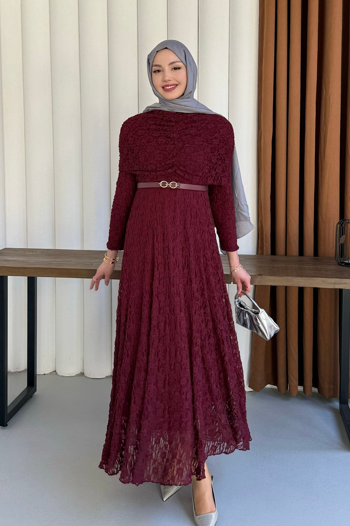 Elisa Dantel Detay Tasarım Tesettür Elbise-BORDO