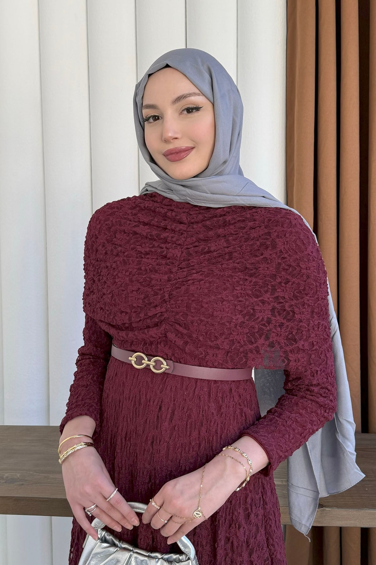 Elisa Dantel Detay Tasarım Tesettür Elbise-BORDO
