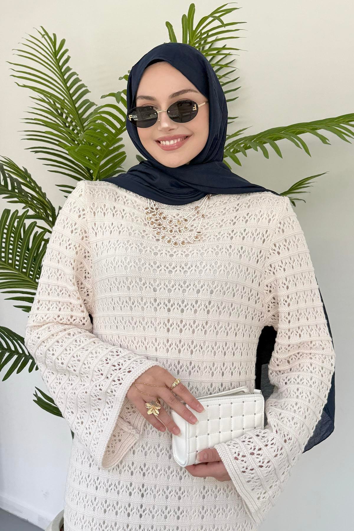 Eliza Doğal Dantel Tesettür Elbise-BEJ