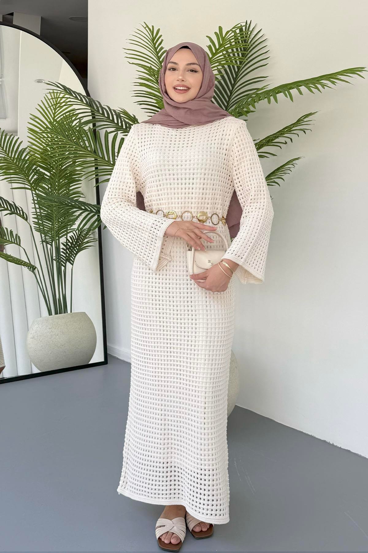 Eliza Doğal Dantel Tesettür Elbise-EKRU