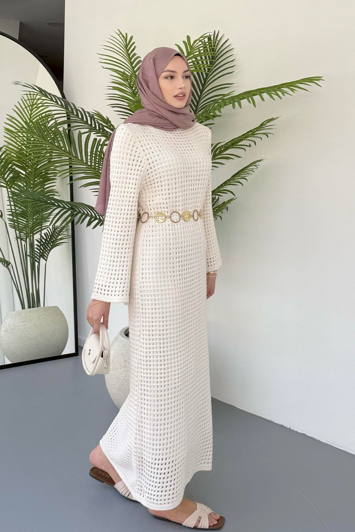 Eliza Doğal Dantel Tesettür Elbise-EKRU