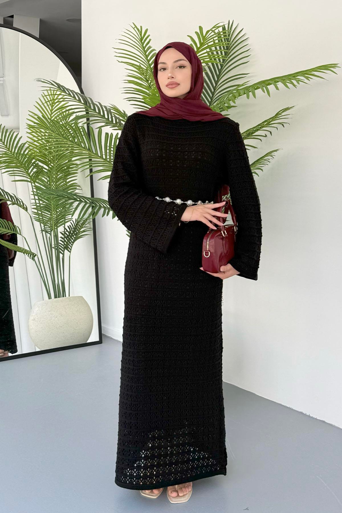 Eliza Doğal Dantel Tesettür Elbise-SİYAH