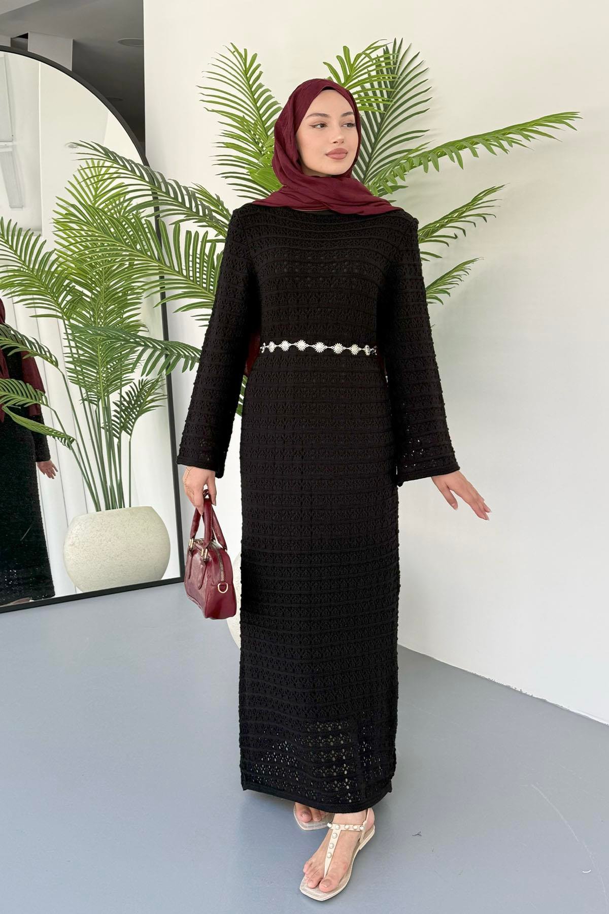 Eliza Doğal Dantel Tesettür Elbise-SİYAH