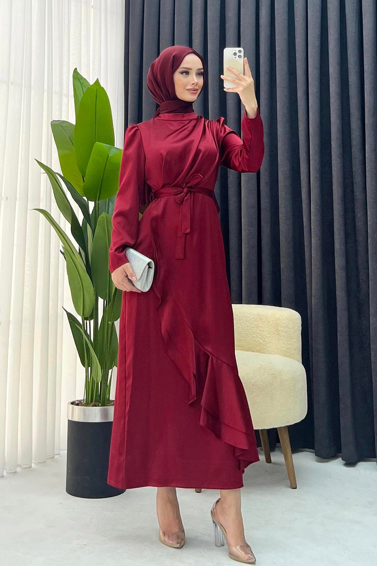 Eteği Volanlı Saten Abiye-BORDO