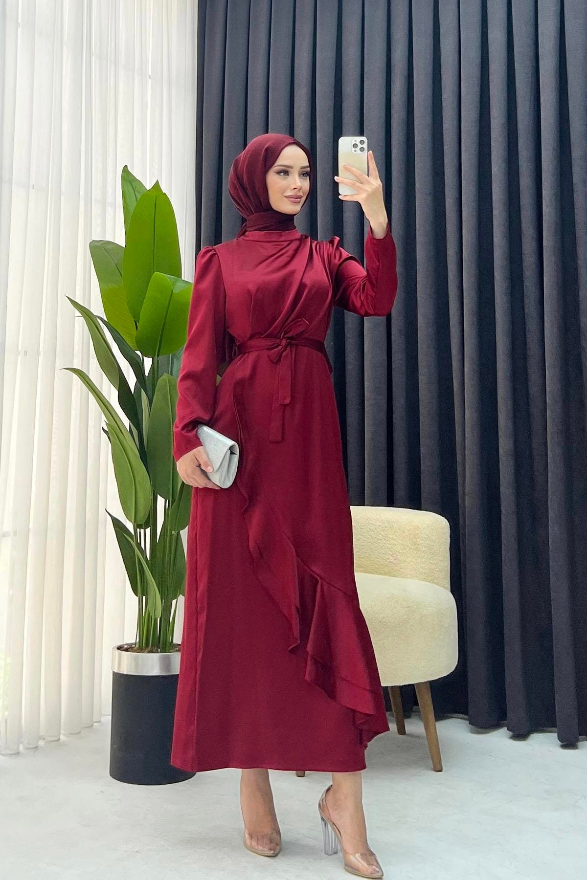 Eteği Volanlı Saten Abiye-BORDO