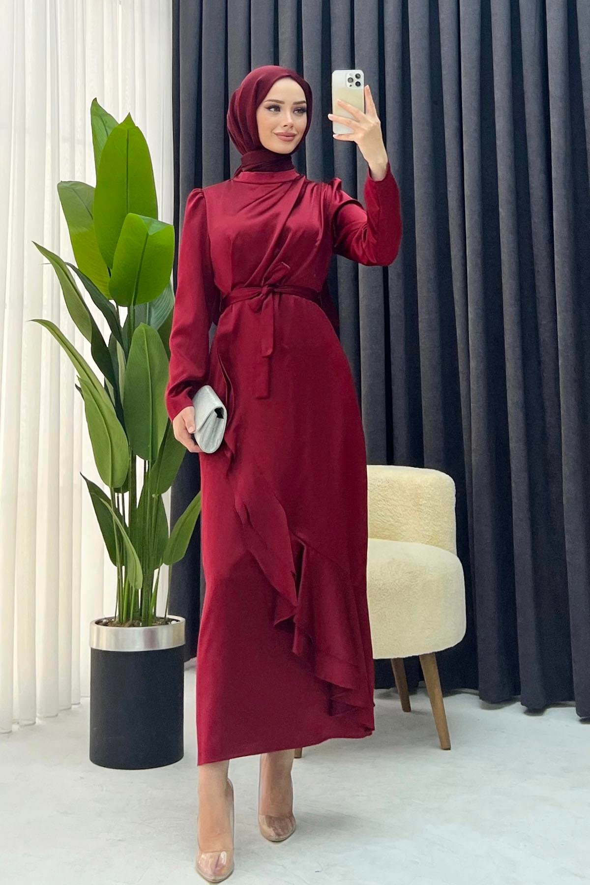 Eteği Volanlı Saten Abiye-BORDO