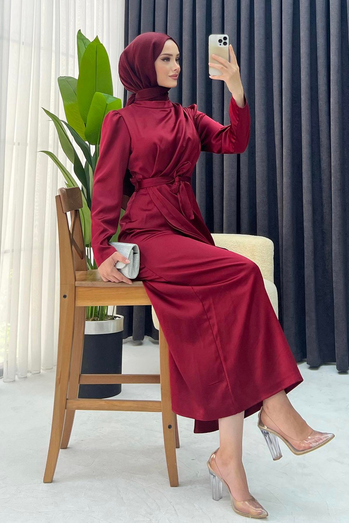 Eteği Volanlı Saten Abiye-BORDO