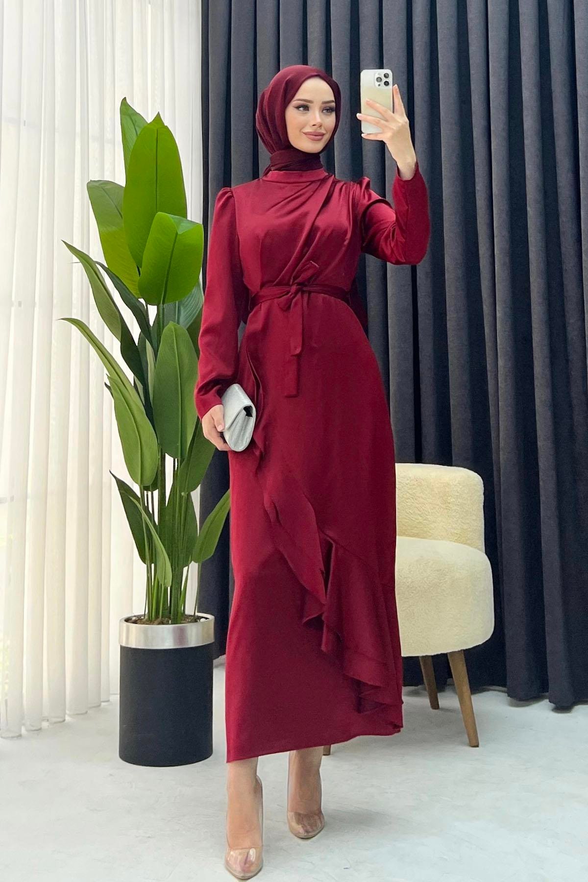 Eteği Volanlı Saten Abiye-BORDO