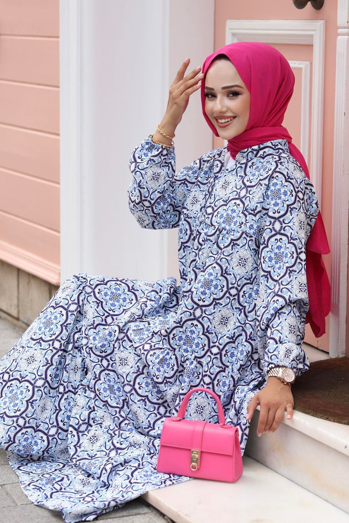 Etnik Desen Oversize Tesettür Elbise-MAVİ
