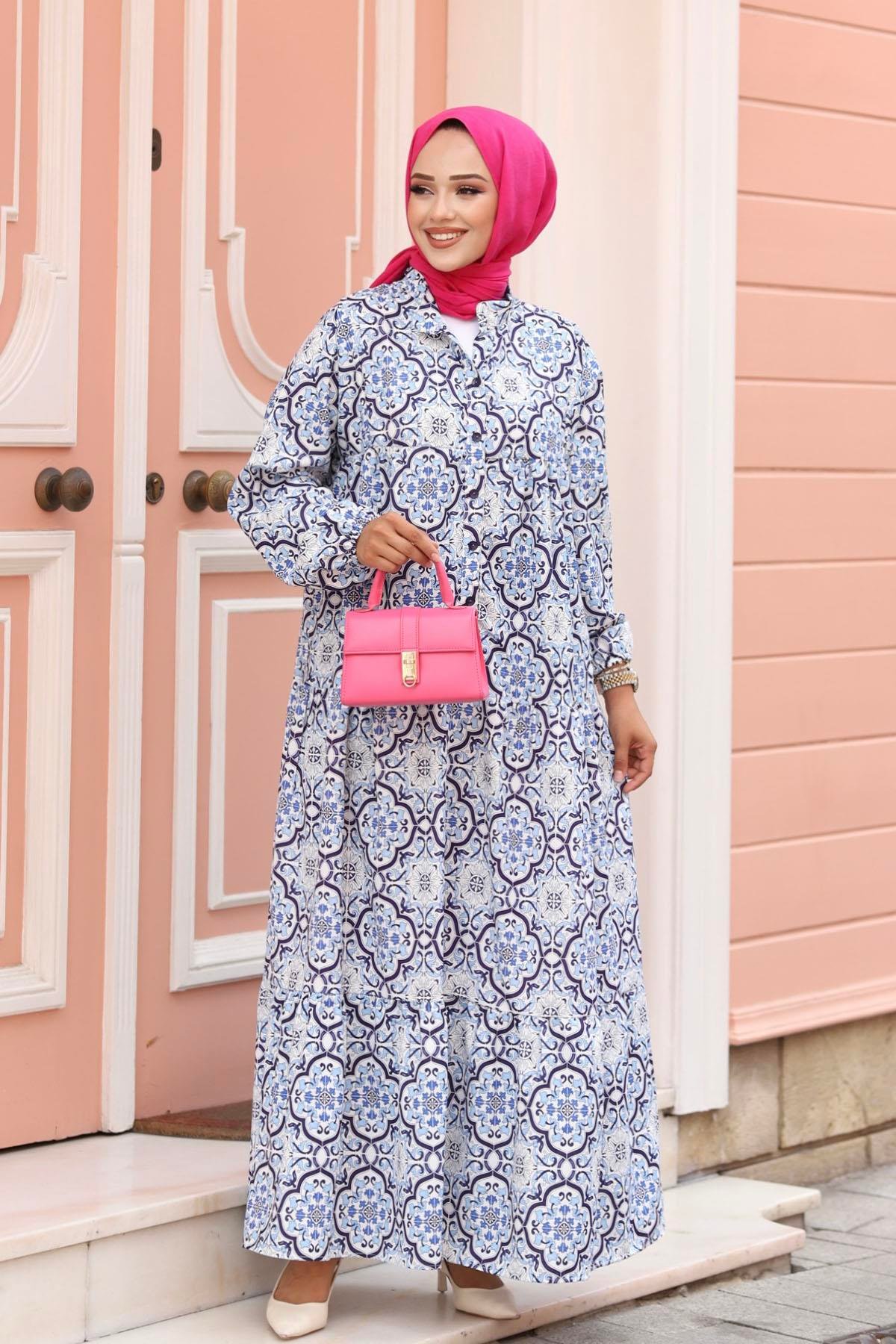 Etnik Desen Oversize Tesettür Elbise-MAVİ