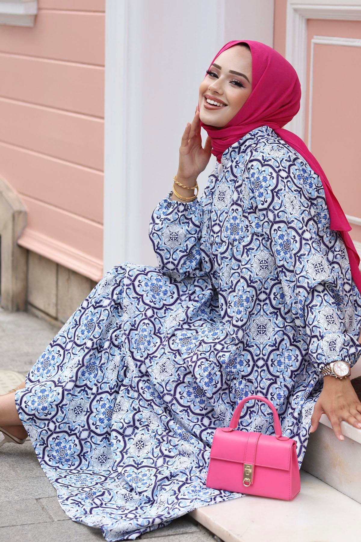Etnik Desen Oversize Tesettür Elbise-MAVİ