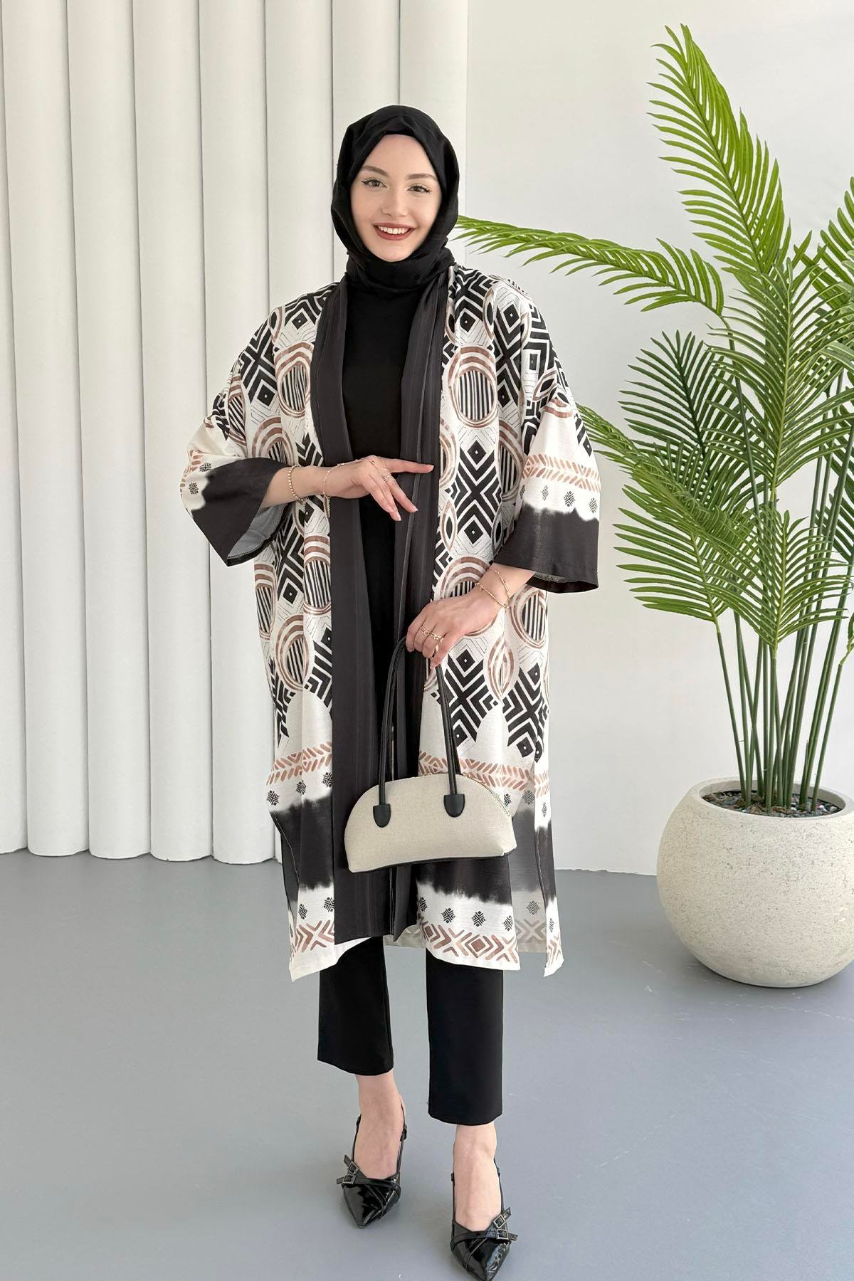 Etnik Desenli Kimono-SİYAH