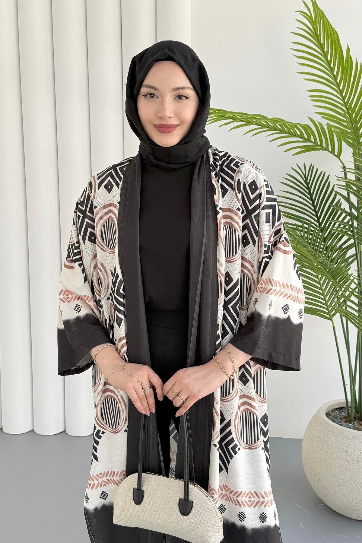 Etnik Desenli Kimono-SİYAH