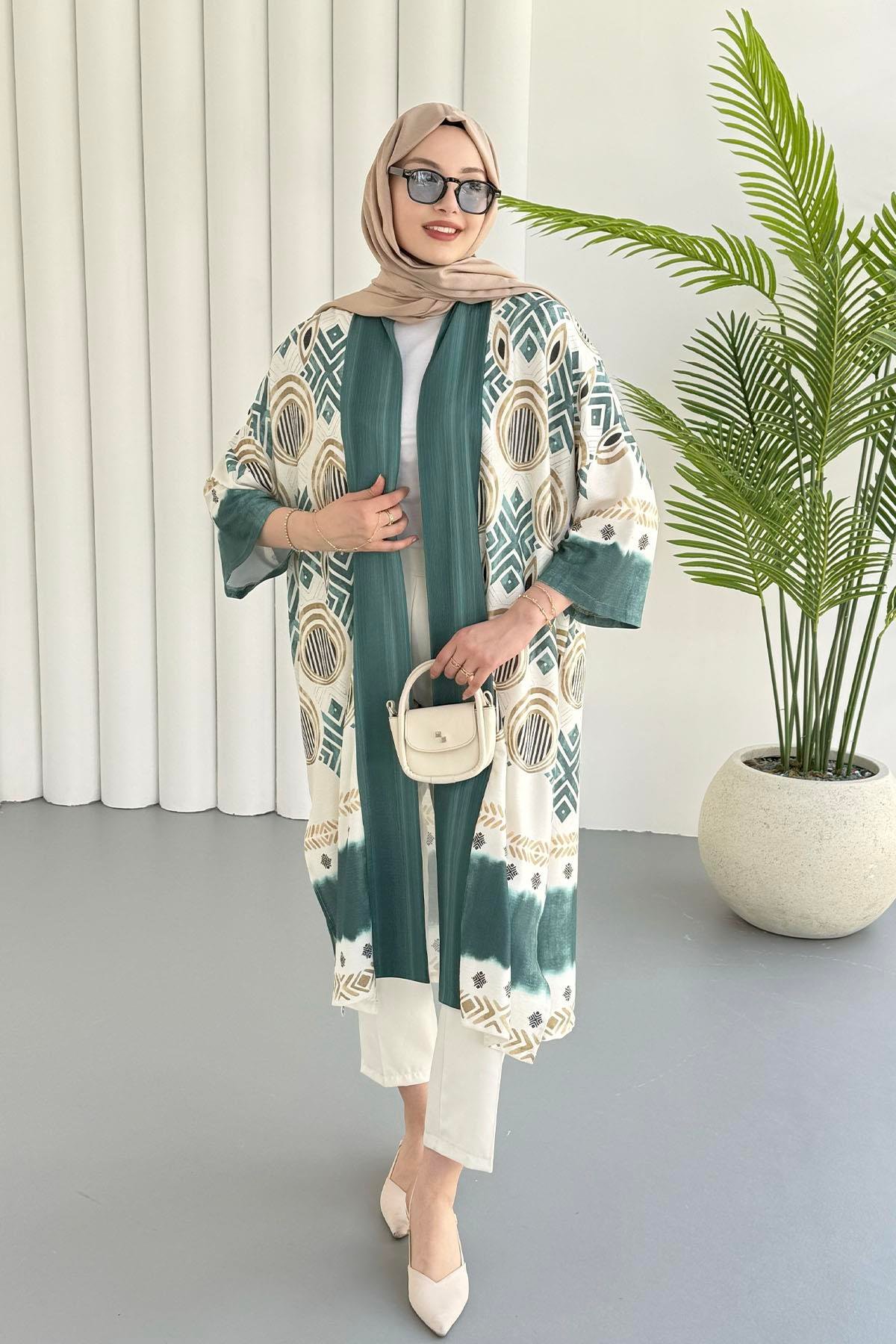 Etnik Desenli Kimono-ZÜMRÜT YEŞİL