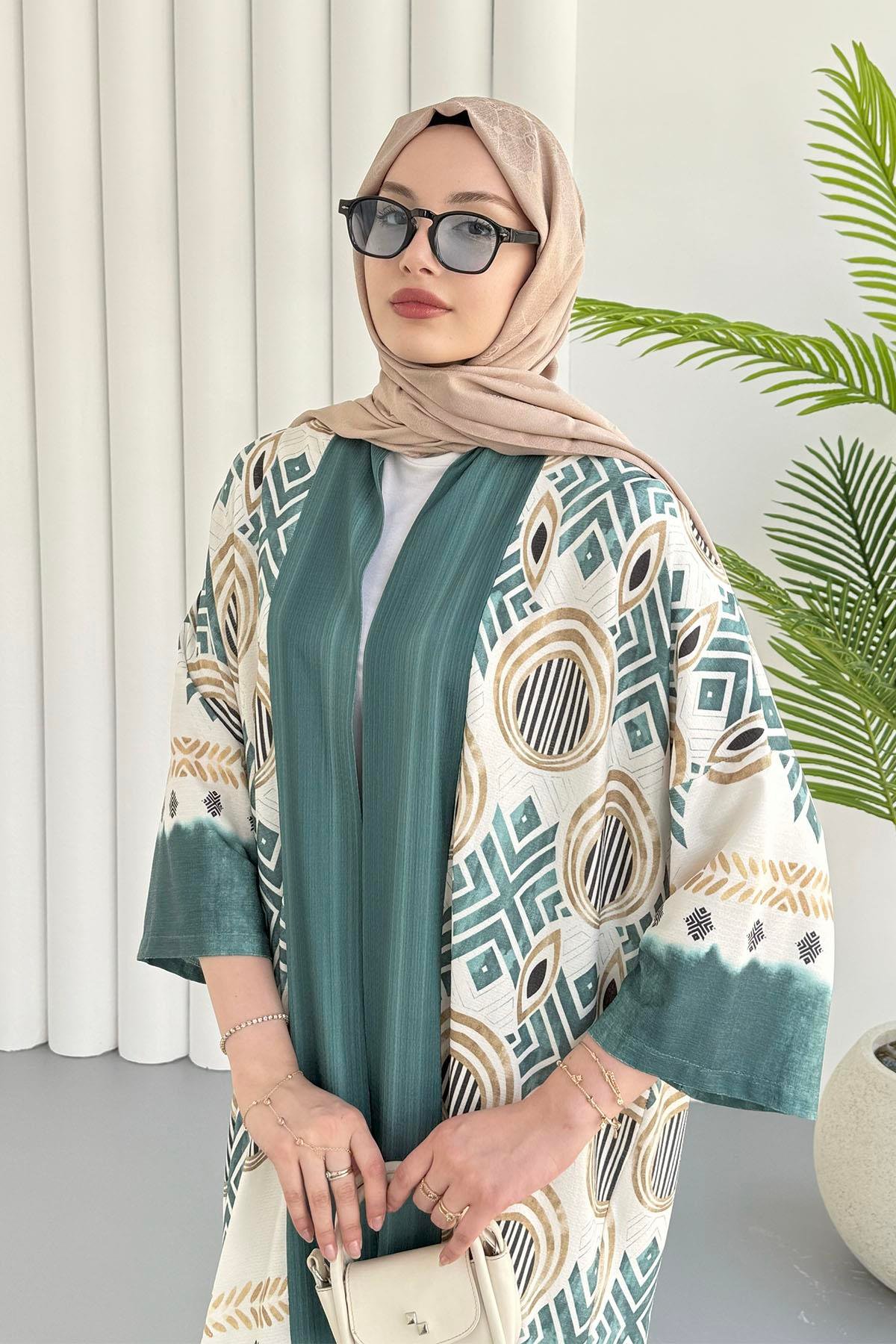 Etnik Desenli Kimono-ZÜMRÜT YEŞİL