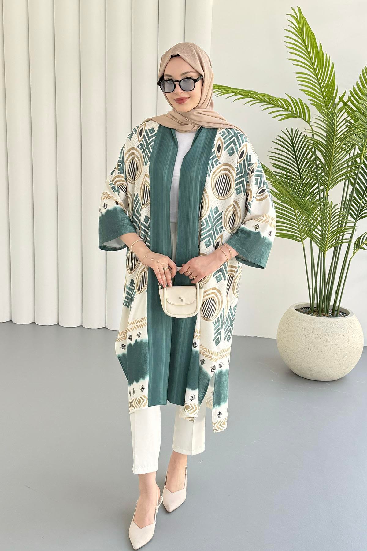 Etnik Desenli Kimono-ZÜMRÜT YEŞİL