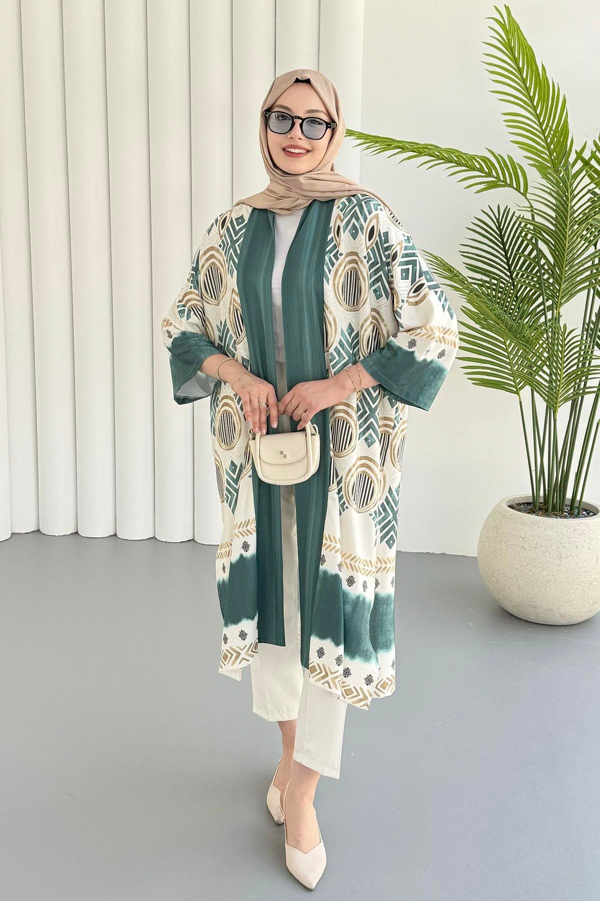 Etnik Desenli Kimono-ZÜMRÜT YEŞİL