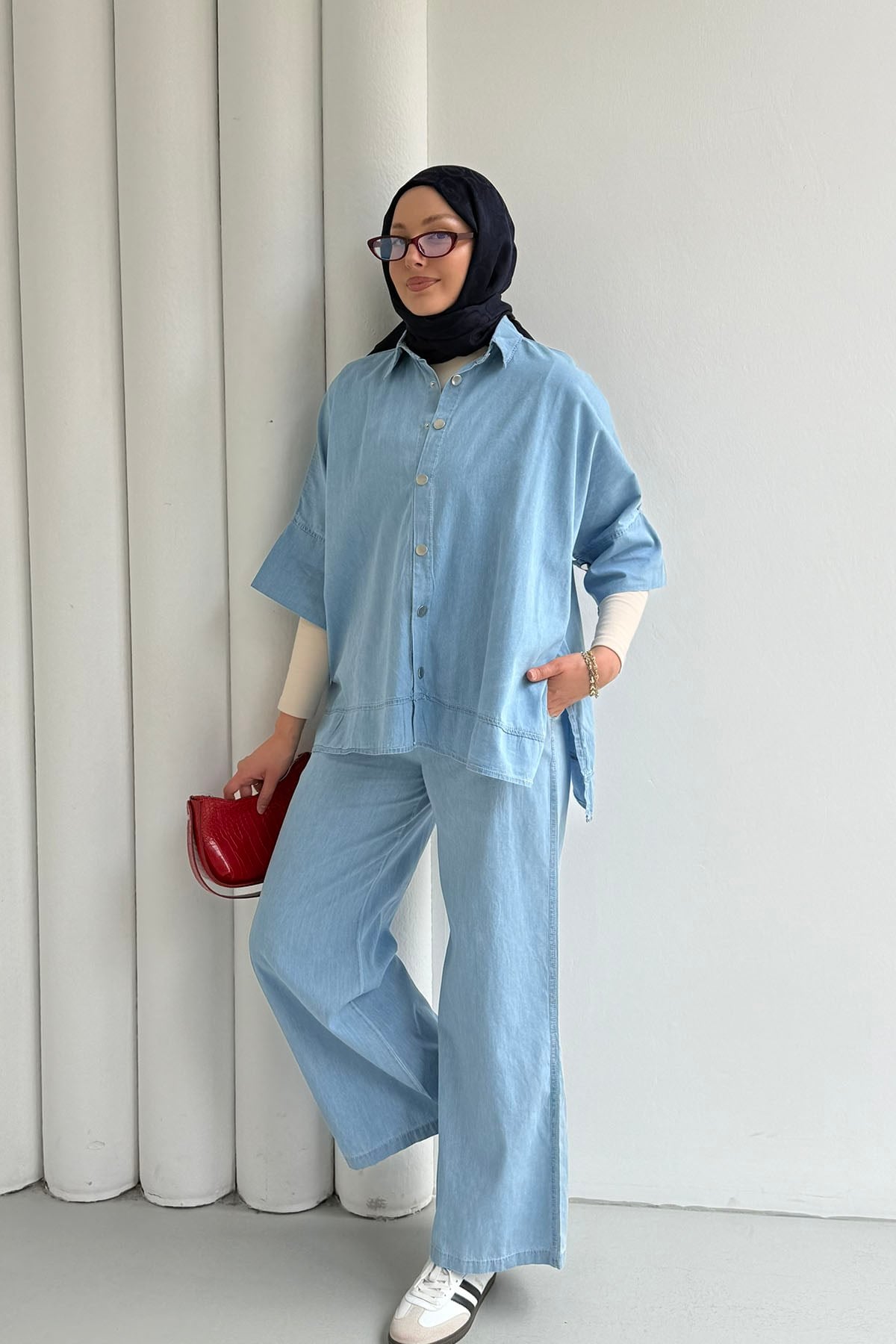 Fakir Kol Detaylı Denim Pantolonlu Tesettür Takım-AÇIK MAVİ