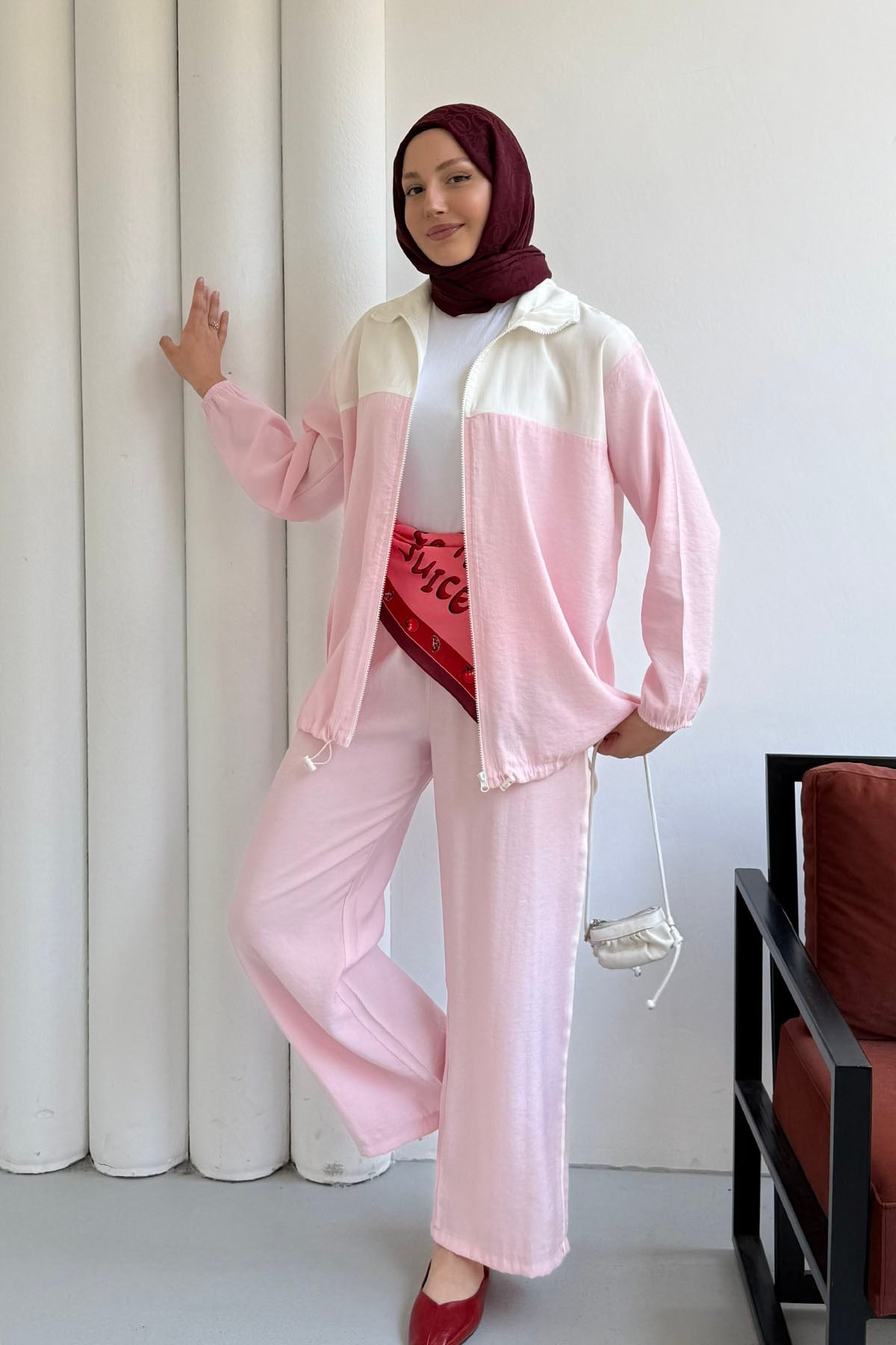 Fermuarlı Üst Garnili Pantolonlu Tesettür Takım-PEMBE