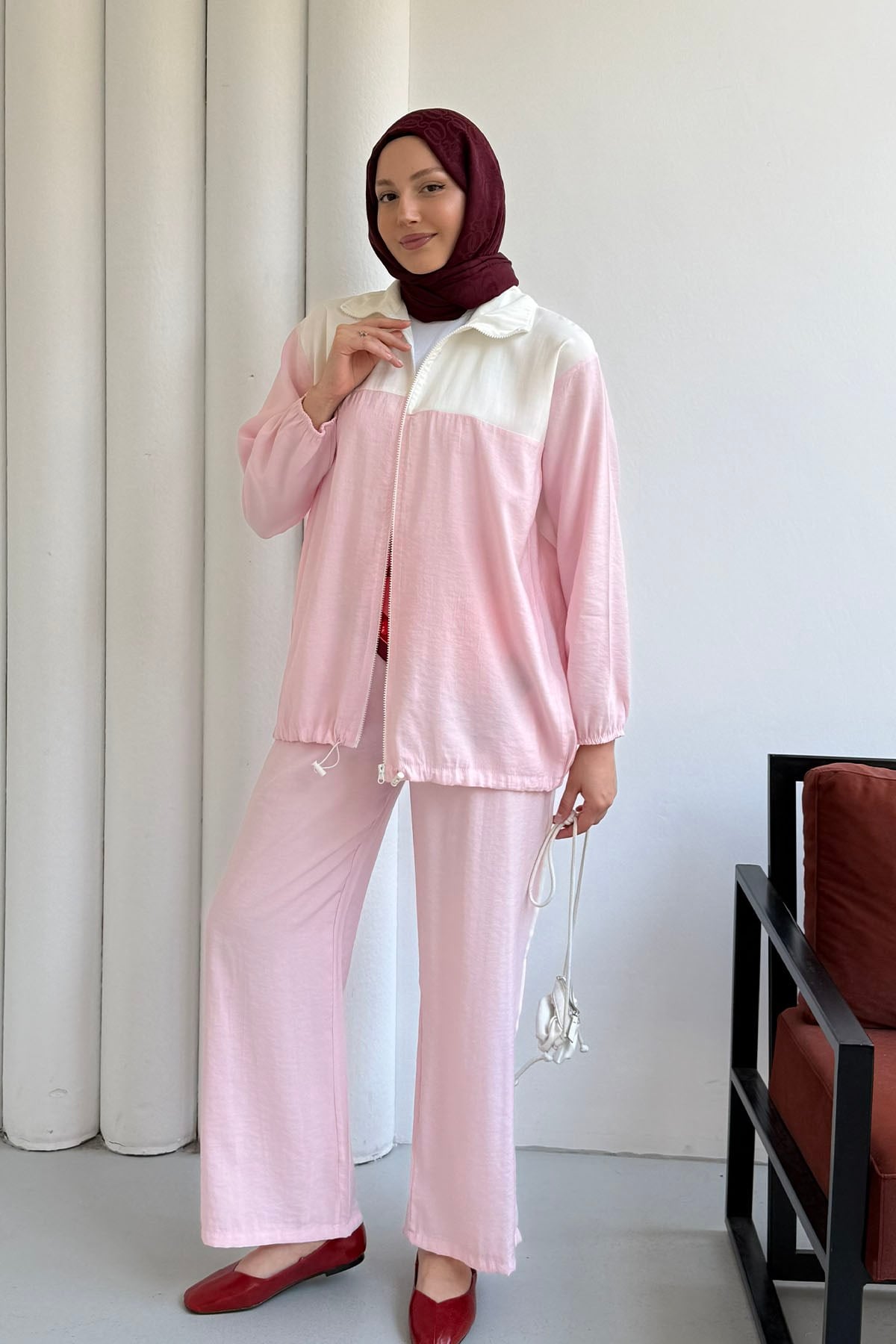 Fermuarlı Üst Garnili Pantolonlu Tesettür Takım-PEMBE