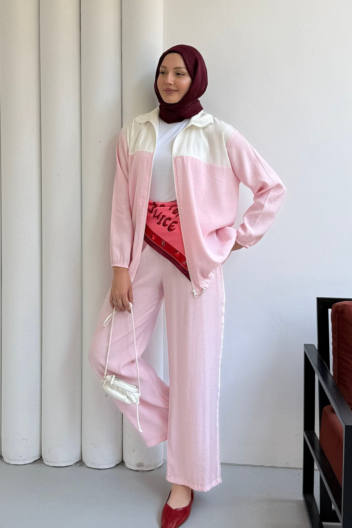 Fermuarlı Üst Garnili Pantolonlu Tesettür Takım-PEMBE