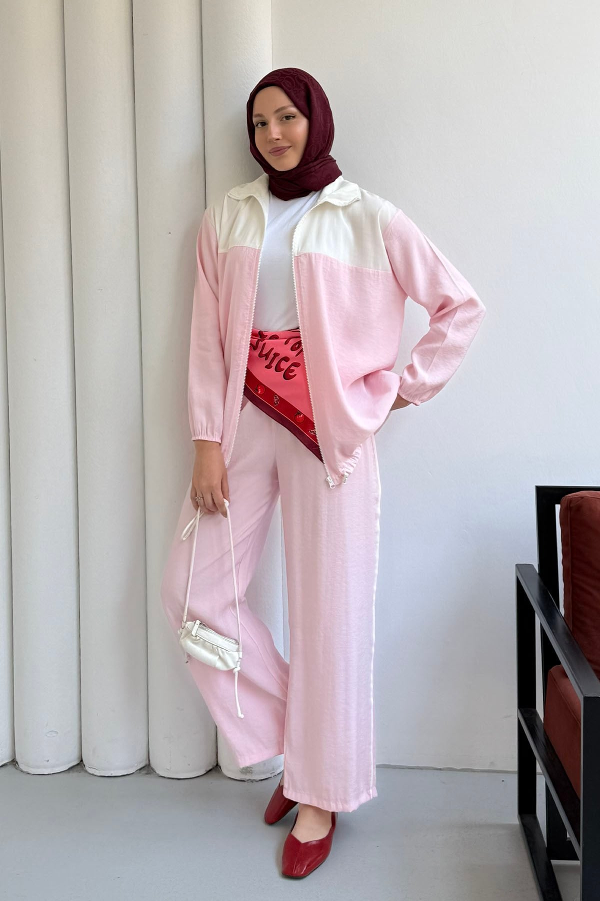 Fermuarlı Üst Garnili Pantolonlu Tesettür Takım-PEMBE