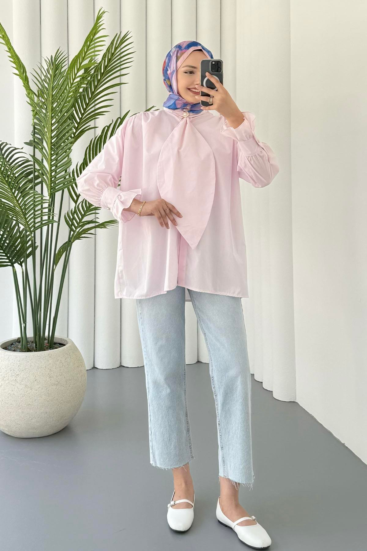 Fular Detaylı Kolları Fırfırlı Tesettür Gömlek-PEMBE