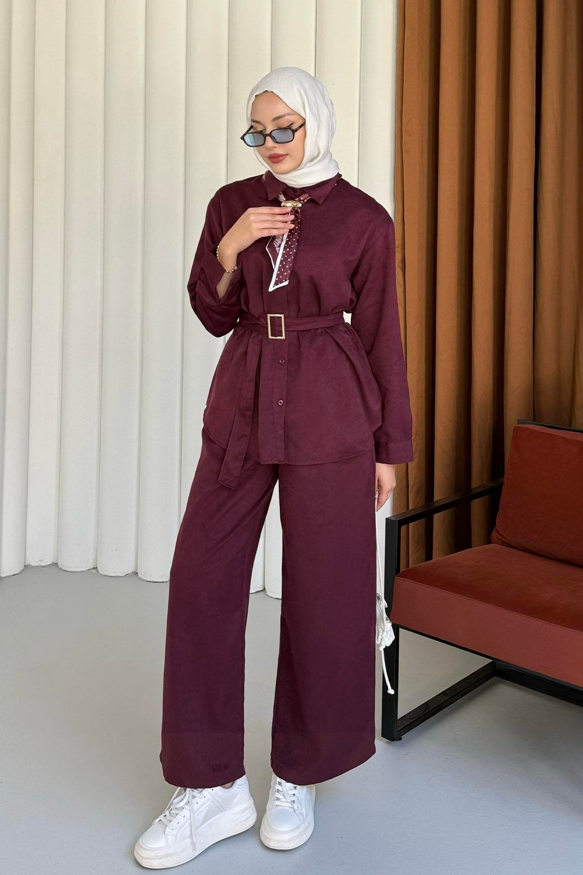 Fular Detaylı Süet Kumaş Gömlek Pantolon Tesettür Takım-BORDO